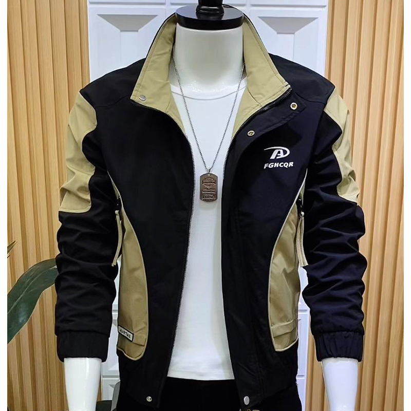 新款男士外套时尚韩版修身夹克春秋季休闲百搭帅气拼色立领上衣潮