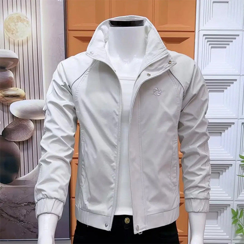 春秋新款男士夹克外套时尚高级感刺绣纯色韩版修身立领休闲上衣潮