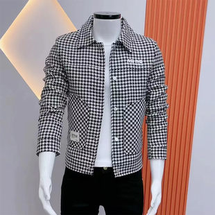 春秋时尚男士夹克韩版修身千鸟格外套休闲潮牌短款高级感百搭上衣