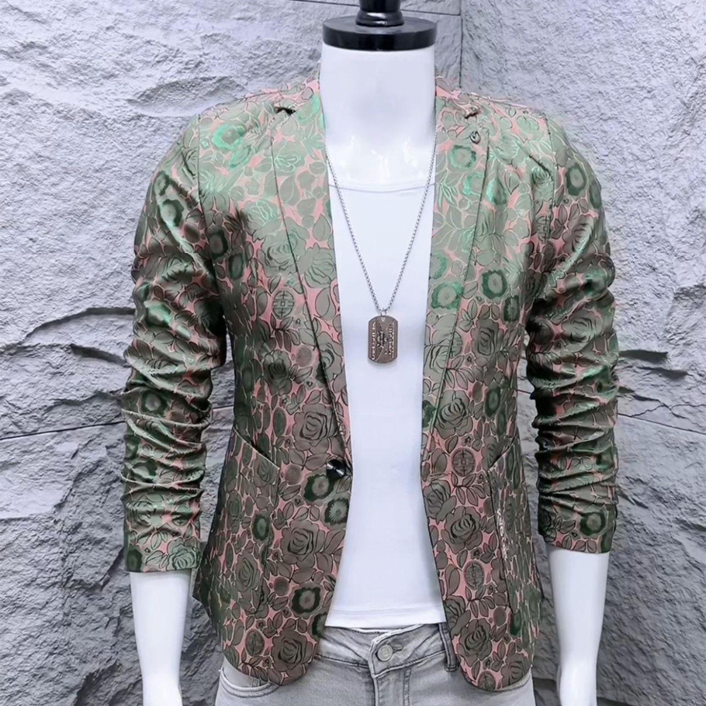 秋季新款男士休闲西服外套时尚提花韩版修身个性帅气薄款小西装潮