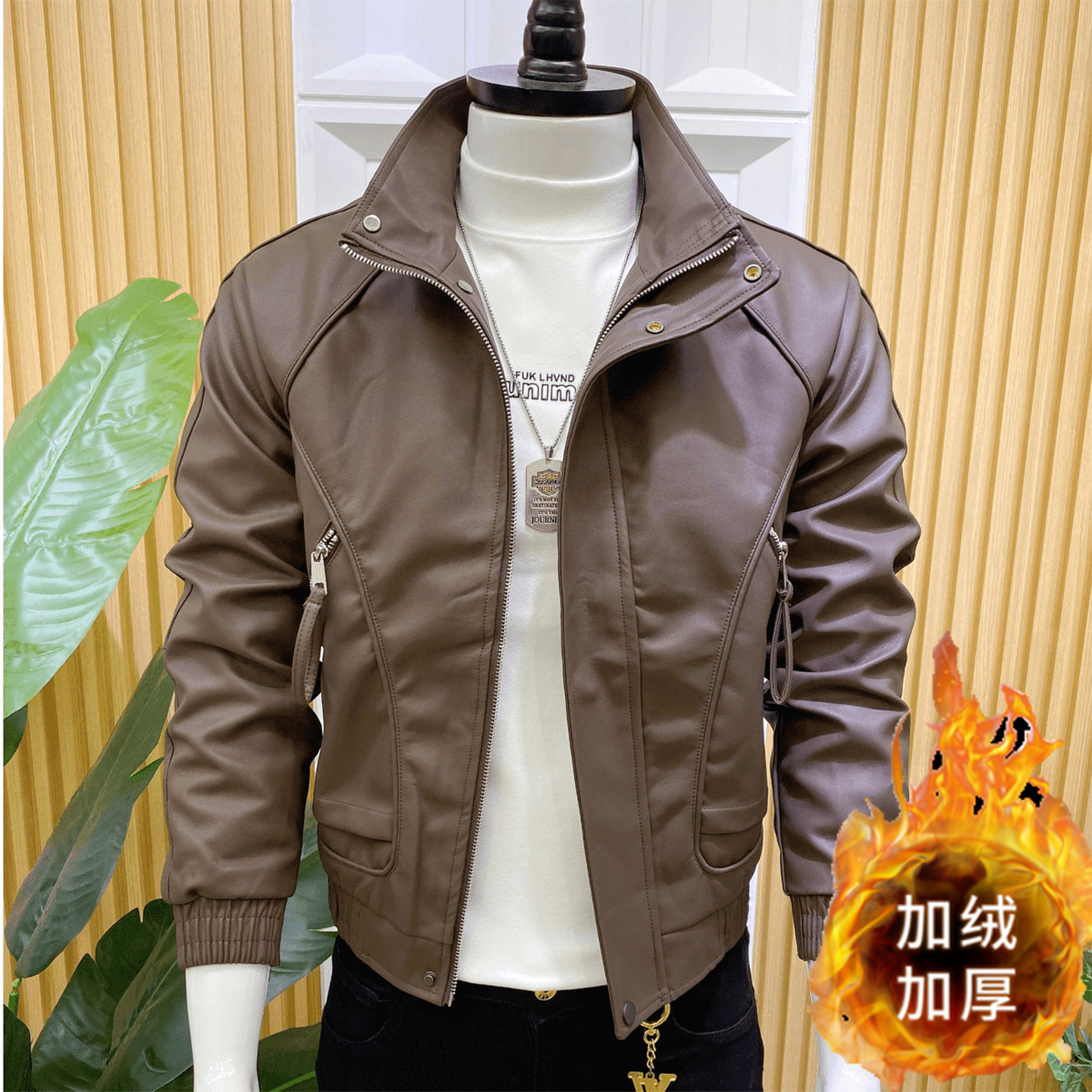 秋冬新款男士加绒加厚皮衣修身潮