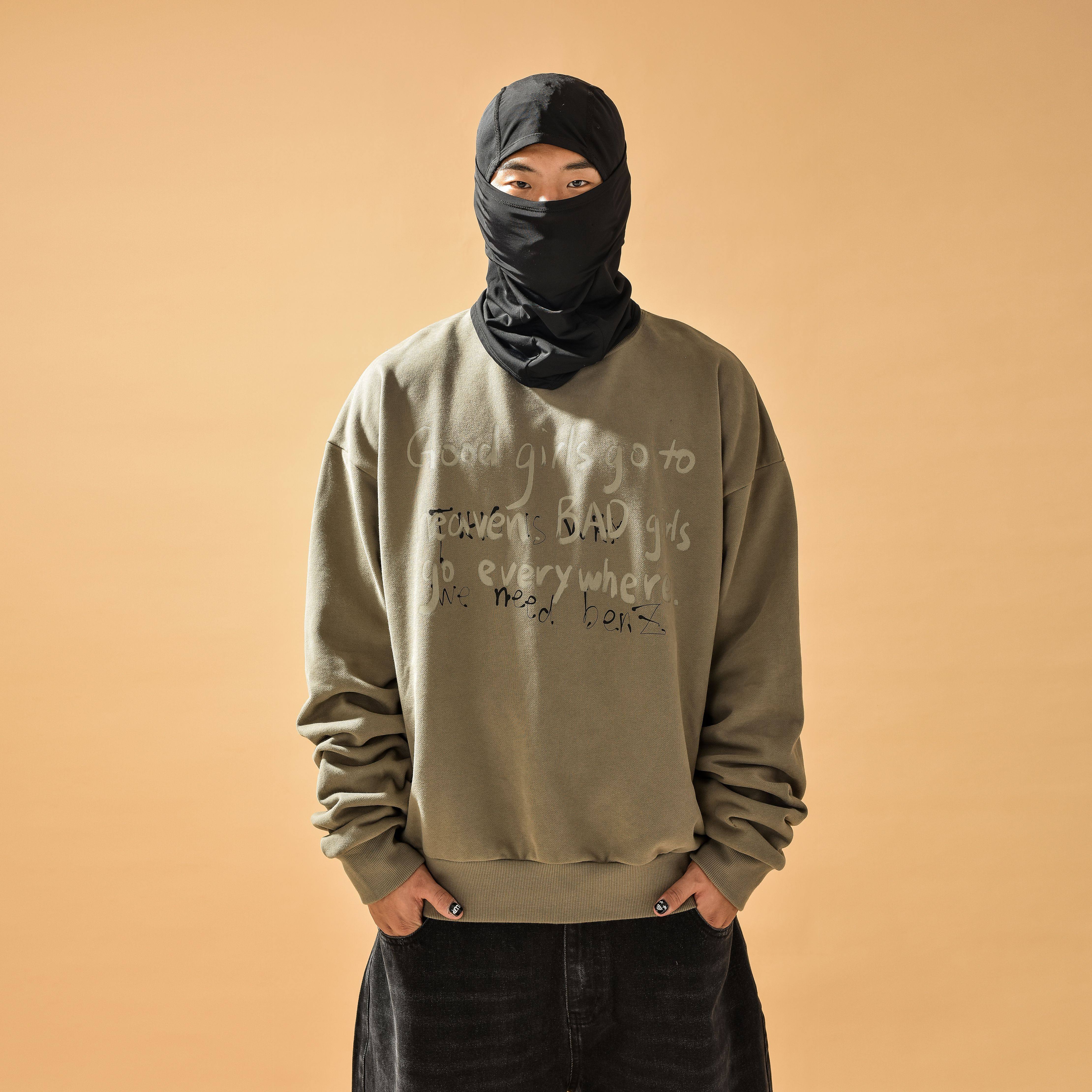 MARMORRIS原创手写恶搞字体棕绿色水洗小领口宽松情侣套头卫衣秋