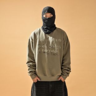 MARMORRIS原创手写恶搞字体棕绿色水洗小领口宽松情侣套头卫衣秋