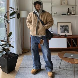 MARMORRIS浮雕LOGO姜黄色皮领水洗破坏做旧夹棉美式复古工装夹克