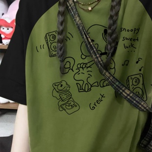 上衣 撞色插肩时尚 百搭可爱印花设计纯棉T恤女夏季 新款 高颜值短袖