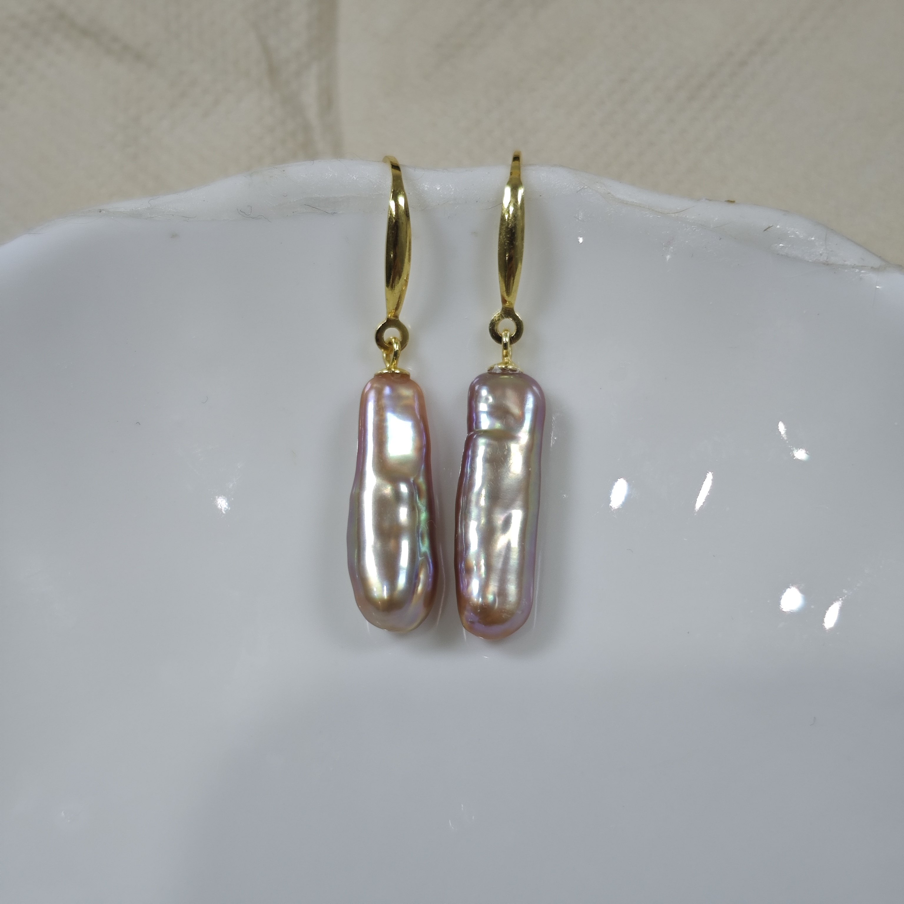 6.5x21mm油画炫金小银条珍珠耳坠(通体925银配件)