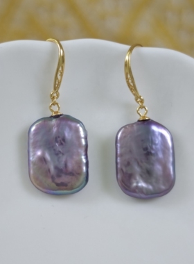 14.5x19mm紫色大方块珍珠耳坠(925银耳钩)