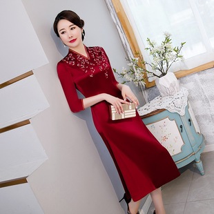 改良复古中国风大码 醋酸旗袍裙七分袖 女装 新款 结婚敬酒服2020秋季