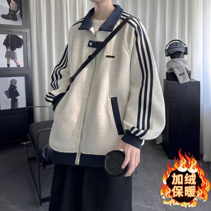 美式三条杠棒球服男秋冬季加绒加厚重磅潮牌条纹运动夹克拼接外套