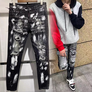 网红同款泼墨涂鸦破洞牛仔裤男女春秋百搭百搭休闲修身弹力小脚裤