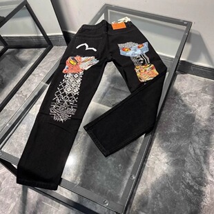 美式复古刺绣牛仔裤男女同款修身小脚显瘦直筒潮流痞帅休闲长裤子