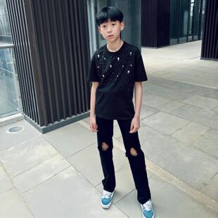 夏季美式复古小个子穿搭黑色膝盖破洞牛仔裤男女同款学生直筒休闲