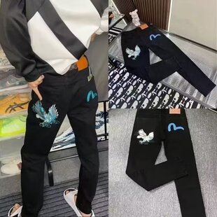 牛仔裤新款黑色修身福家潮牌老鹰直筒小脚网红同款帅气轻奢裤子男