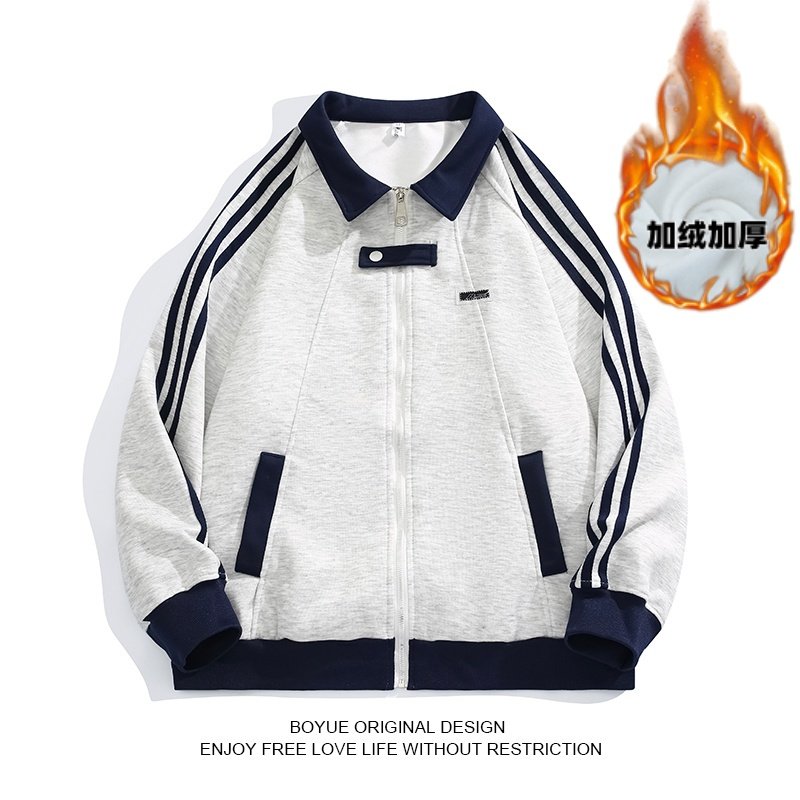 美式三条杠棒球服男秋季加绒重磅潮牌条纹运动夹克青少年拼接外套