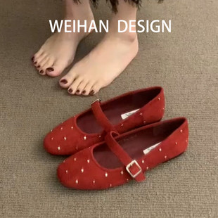 羊皮版！红色一字扣平底单鞋女圆头浅口玛丽珍鞋百搭不累脚晚晚鞋