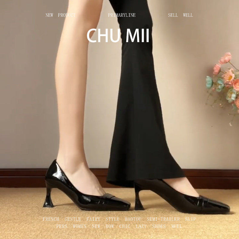 羊皮版~黑色真皮细跟高跟鞋女法式百搭方头鞋通勤不累脚工作鞋