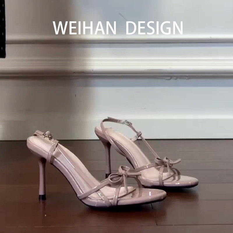 羊皮版！裸色一字带蝴蝶结高跟凉鞋女春细跟圆头露趾温柔性感凉拖