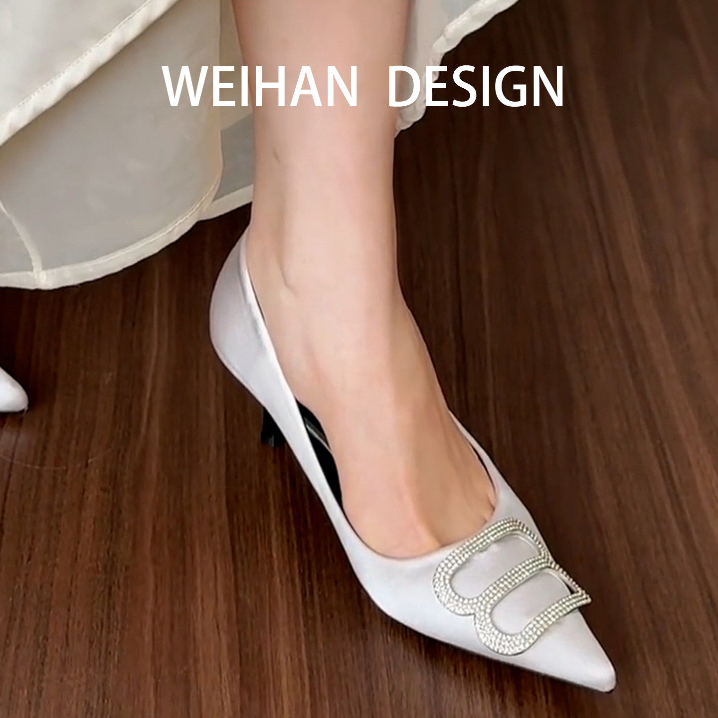 羊皮版！水钻金属扣尖头细跟单鞋巨好看浅口绸缎气质御姐风高跟鞋