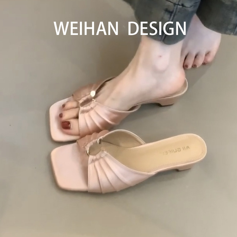 羊皮版！法式甜美金属扣凉拖鞋女方头粗跟后空一脚蹬百搭露趾凉鞋