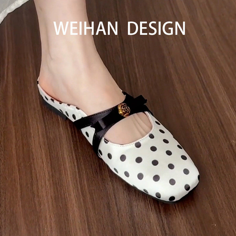 羊皮版！山茶花法式波点蝴蝶结包头半拖女外穿玛丽珍穆勒浅口凉拖