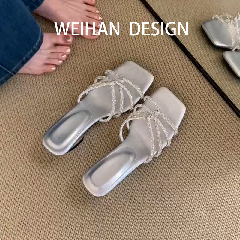 羊皮版！轻奢风水钻细带楔型凉施鞋外穿一脚蹬轻便气质配裙子凉鞋