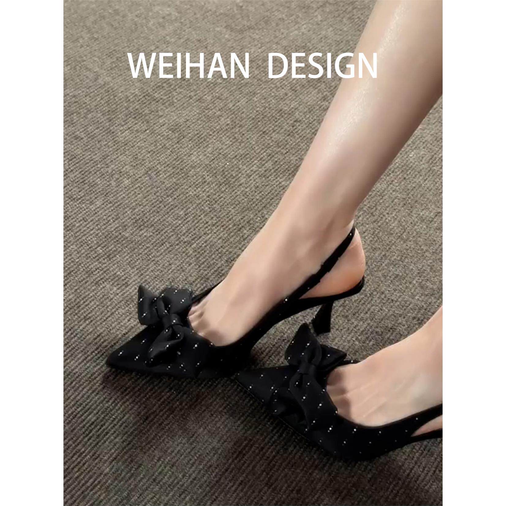 羊皮版！法式闪钻蝴蝶结高跟鞋尖头细跟后绊带配裙子百搭包头凉鞋