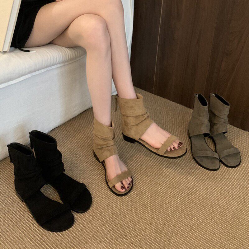 粗跟一字带露趾凉靴女夏
