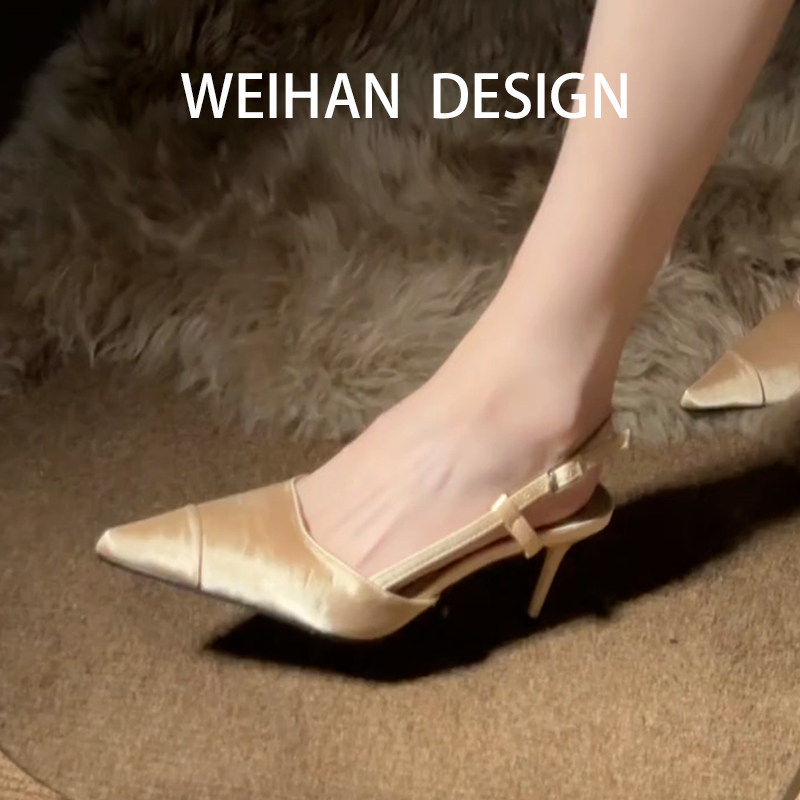 羊皮版！法式名媛细跟包头凉鞋气质尖头高跟鞋一字带缎面后空单鞋