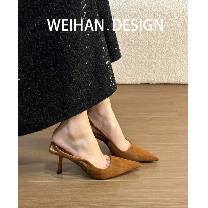 羊皮版！法式覆古细跟高跟鞋女夏尖头绒面 面包头凉鞋绝美一字带