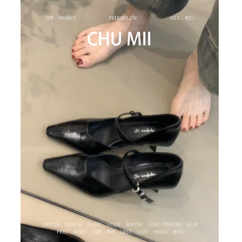 羊皮版~法式黑色高跟鞋女方头细跟侧空包头凉鞋时尚百搭工作单鞋