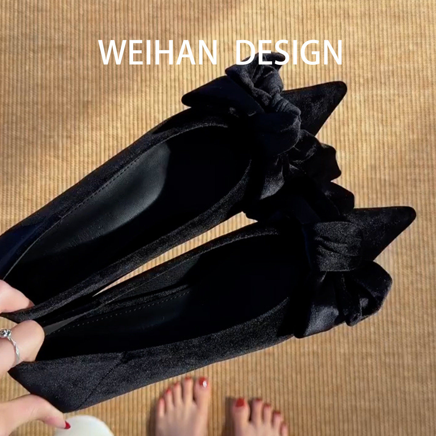 羊皮版！尖头气质绒面浅口单鞋法式蝴蝶结一脚蹬平底瓢鞋黑色春夏
