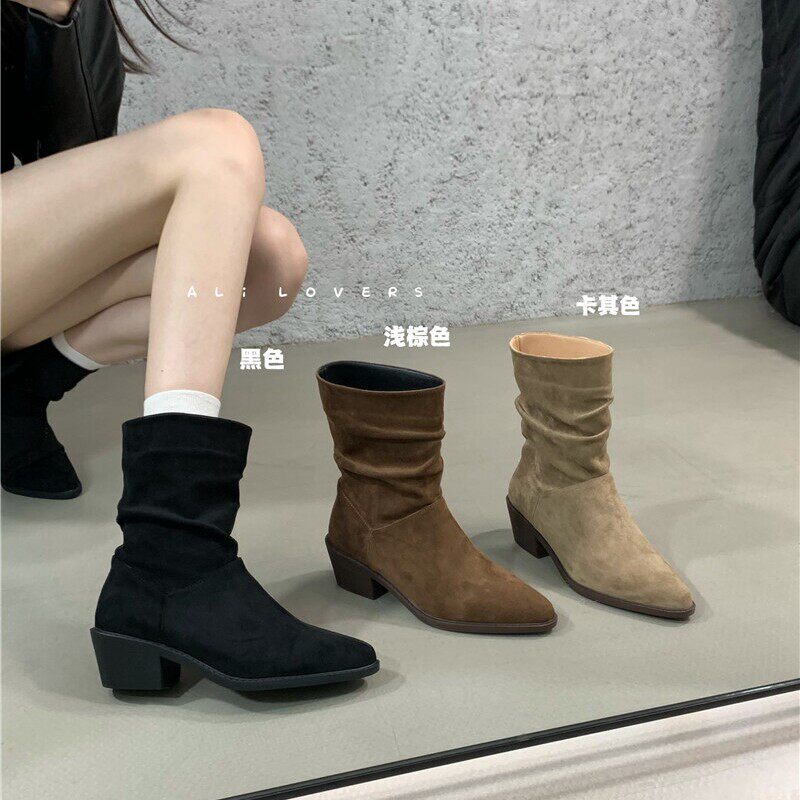 粗跟绒面尖头短靴女2025秋冬新款韩版百搭褶皱女靴子套筒时装靴女