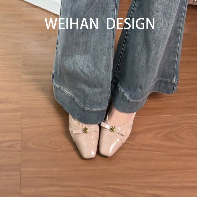 羊皮版！山茶花蝴蝶结法式复古风女鞋拼接漆皮软底小香风浅口单鞋