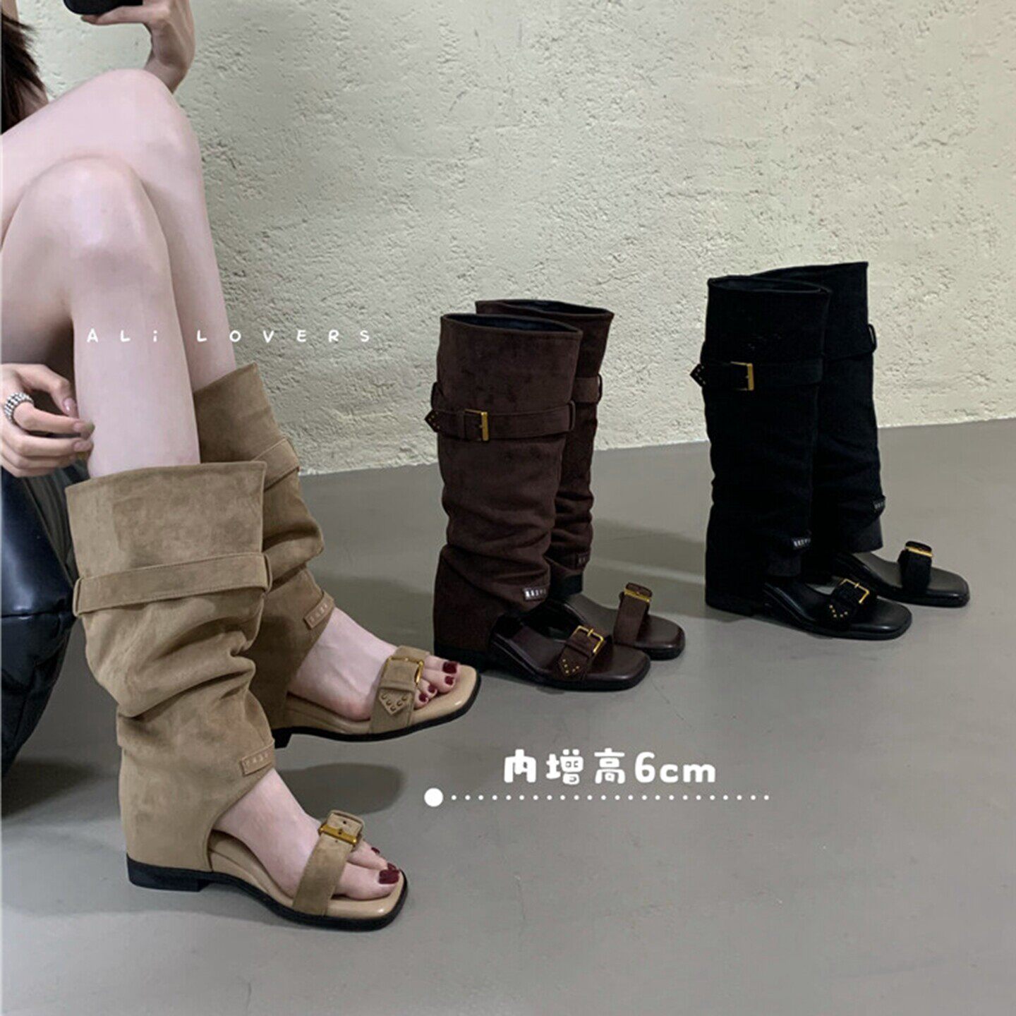 内增高皮带扣一字带露趾