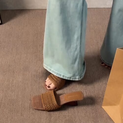 坡跟法式编织一字拖女夏