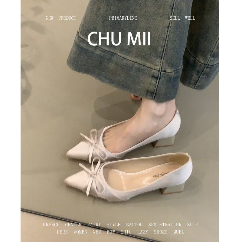 羊皮版~法式名媛尖头高跟鞋女优雅缎面配裙子蝴蝶结气质粗跟单鞋