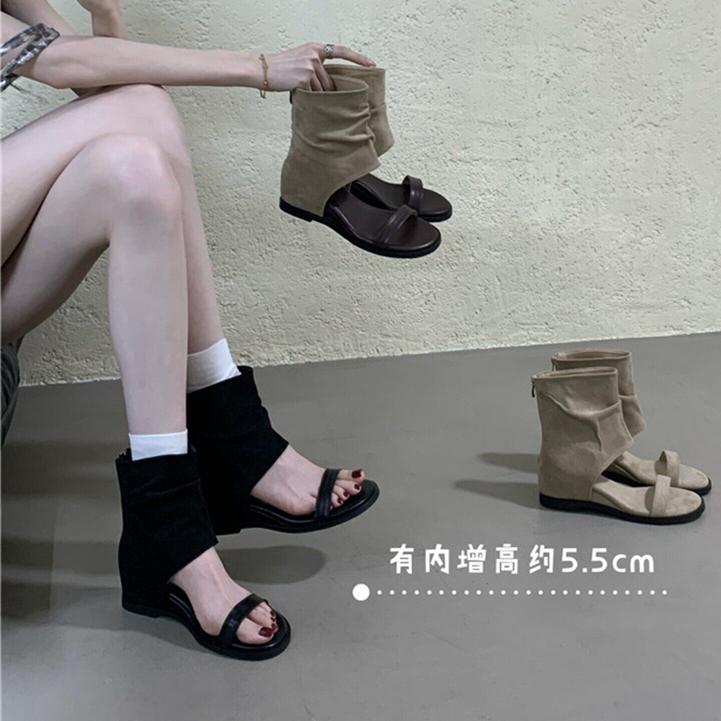 韩版露趾一字带凉靴女2026夏季新款增高凉鞋内增高后拉炼短靴百搭