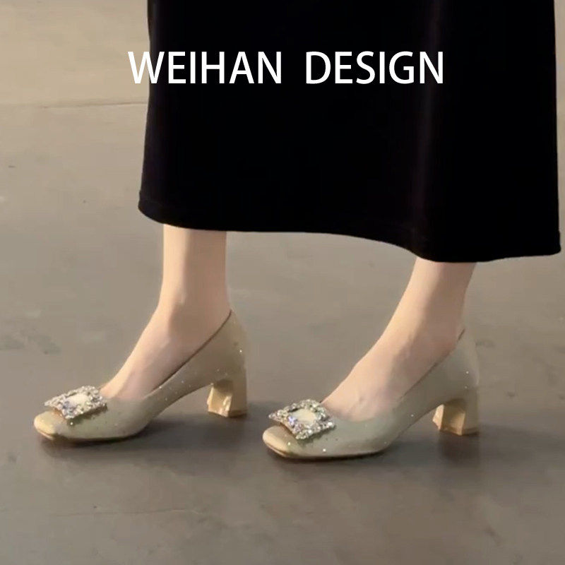 羊皮版！法式水钻方扣玛丽珍高跟鞋一脚蹬浅口配裙子粗跟单鞋女