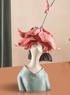 北欧创意花季少女小鸟装饰摆件