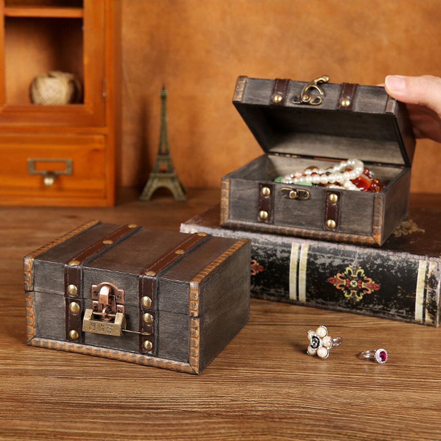 复古风木质首饰收纳盒摆件带锁储物盒百宝箱藏宝箱密室逃脱道具