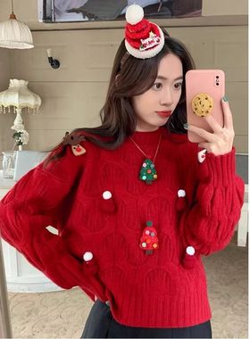 Red Christmas sweater autumn/winter loose top for women毛衣