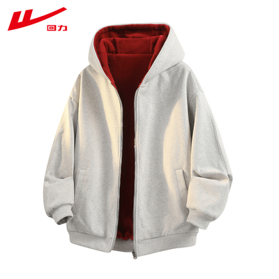 回力2025新款美式重磅加绒连帽开衫卫衣男女款秋冬双面穿长袖外套