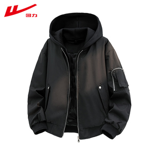 回力2025新款潮牌假两件连帽羽绒服男款冬季防寒宽松休闲棉袄外套