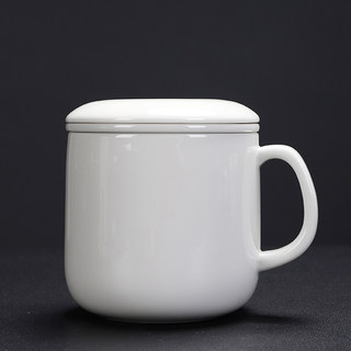 德化白瓷茶杯带把手 办公室茶水分离泡茶杯带盖陶瓷 400ml大容量