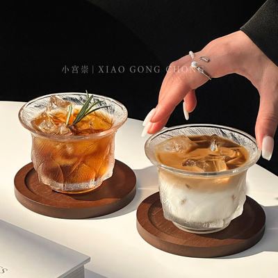 高级感冰川纹玻璃杯带杯垫茶杯子