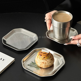 韩式ins风不锈钢八角盘高级感家用餐盘蛋糕甜品盘咖啡托盘小吃碟