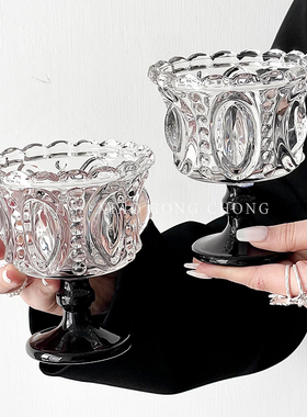 黑色复古水晶冰淇淋杯ins高颜值女浮雕甜品杯高脚杯收藏玻璃杯子