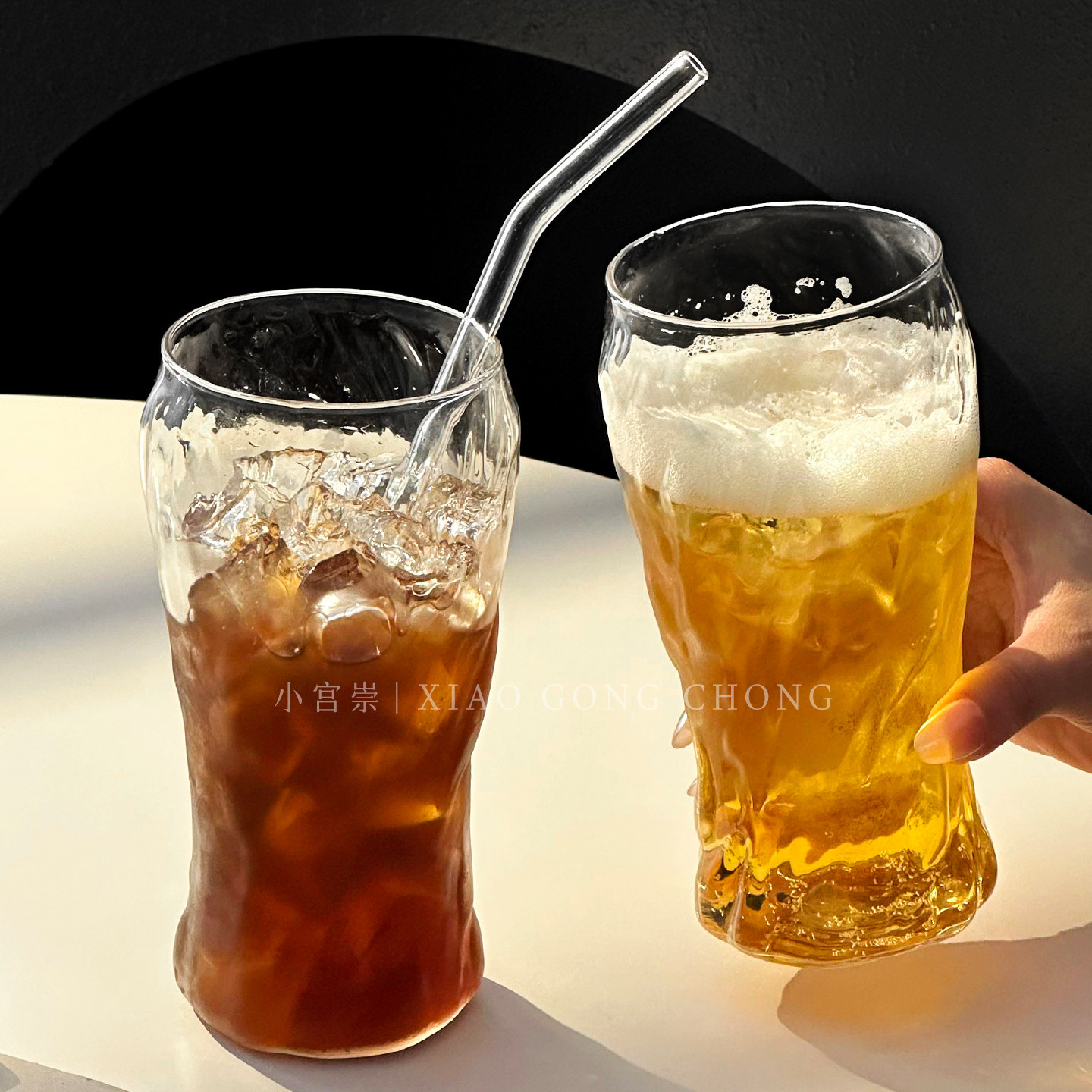 ins风复古水纹冰美式拿铁咖啡杯大容量耐热玻璃水杯啤酒杯饮品杯