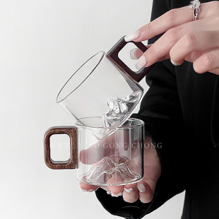 观山迷你泡茶杯耐高温家用高级感喝水杯品茗杯 玻璃木柄小茶杯中式