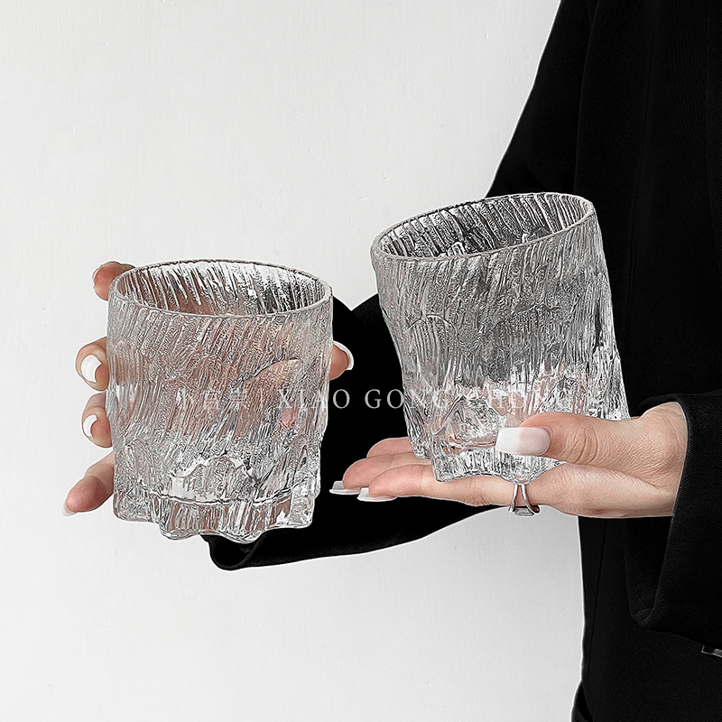 高级感玄冰杯创意轻奢威士忌杯洋酒杯冰纹岩石杯复古家用玻璃水杯